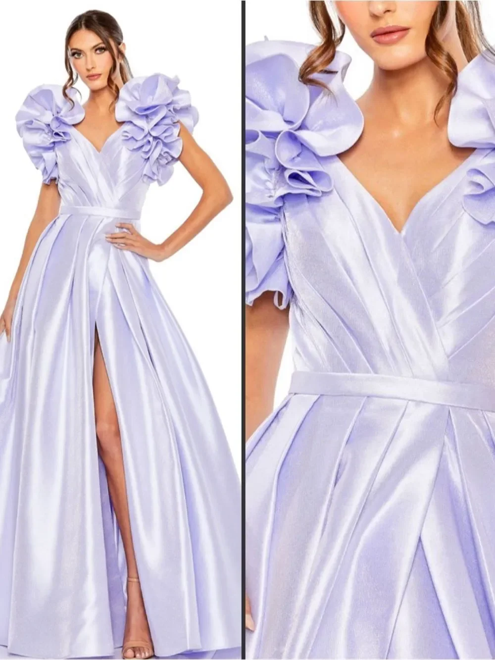 NWT Mac Duggal 20522 Purple V Neck Flutter Sleeve Ball Gown  with Slit Size 14